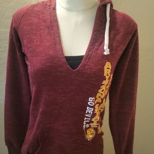 Blue 84 Women's Maroon V-Neck Hoodie with Gold ASU Vertical Graphic